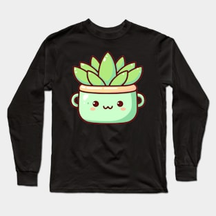 Cute Pot with Green Succulent | Kawaii Cactus Plant | Cute Houseplant in Kawaii Style Long Sleeve T-Shirt